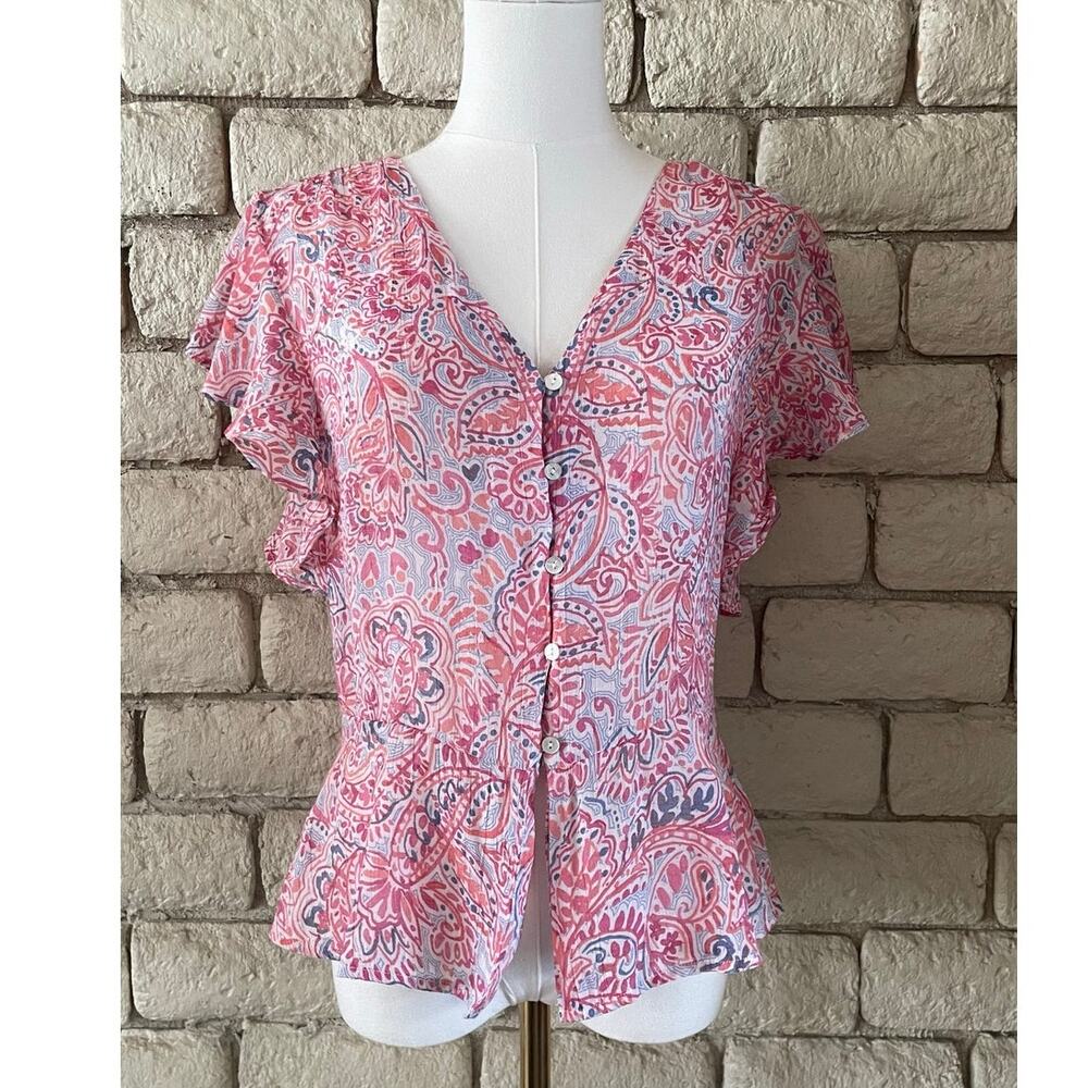 Nanette Lepore Paisley Flutter-Sleeve Peplum‎ Blouse Size Medium